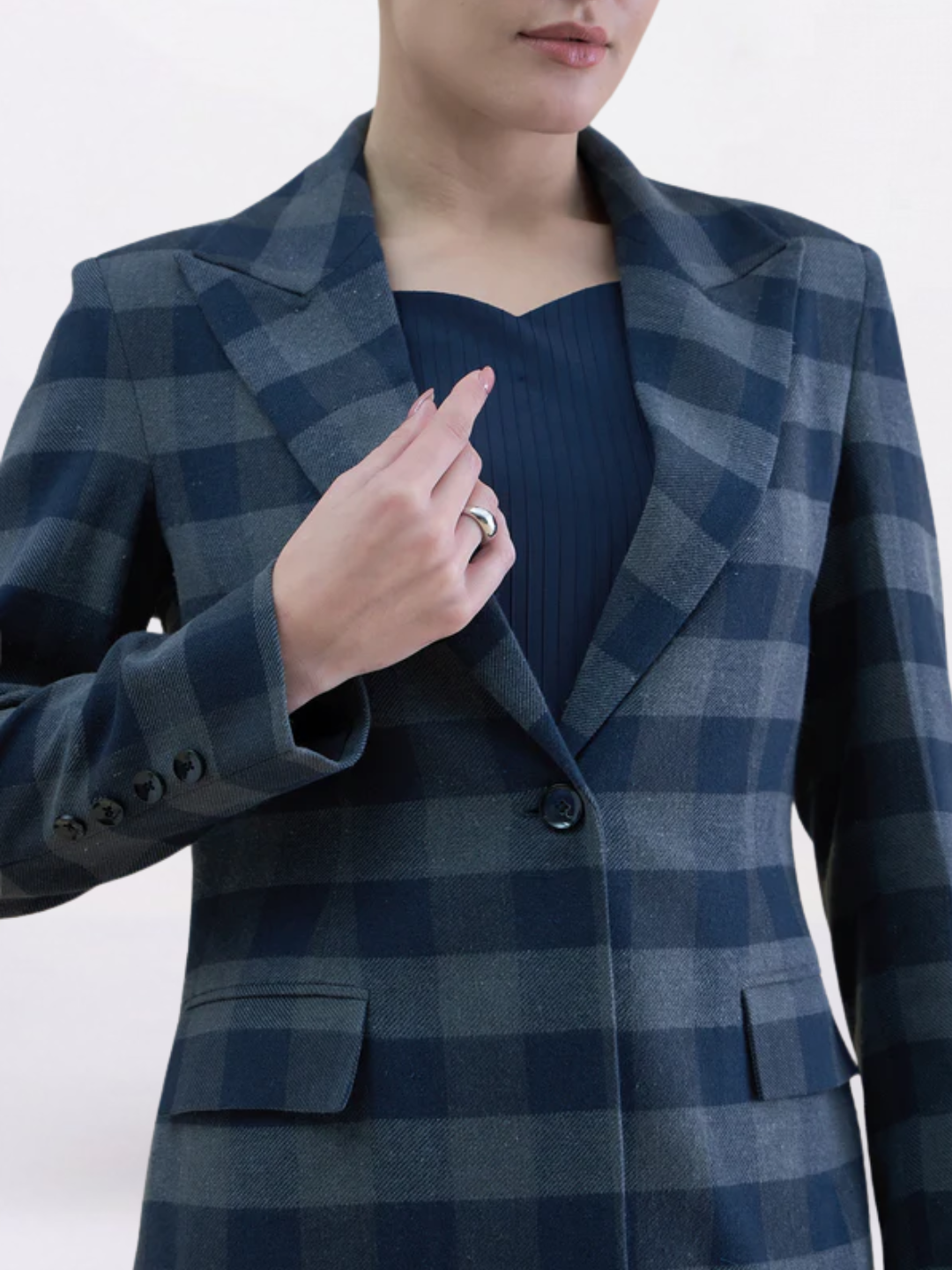 Women Checkered Wool Blend Notch Collar Blazer