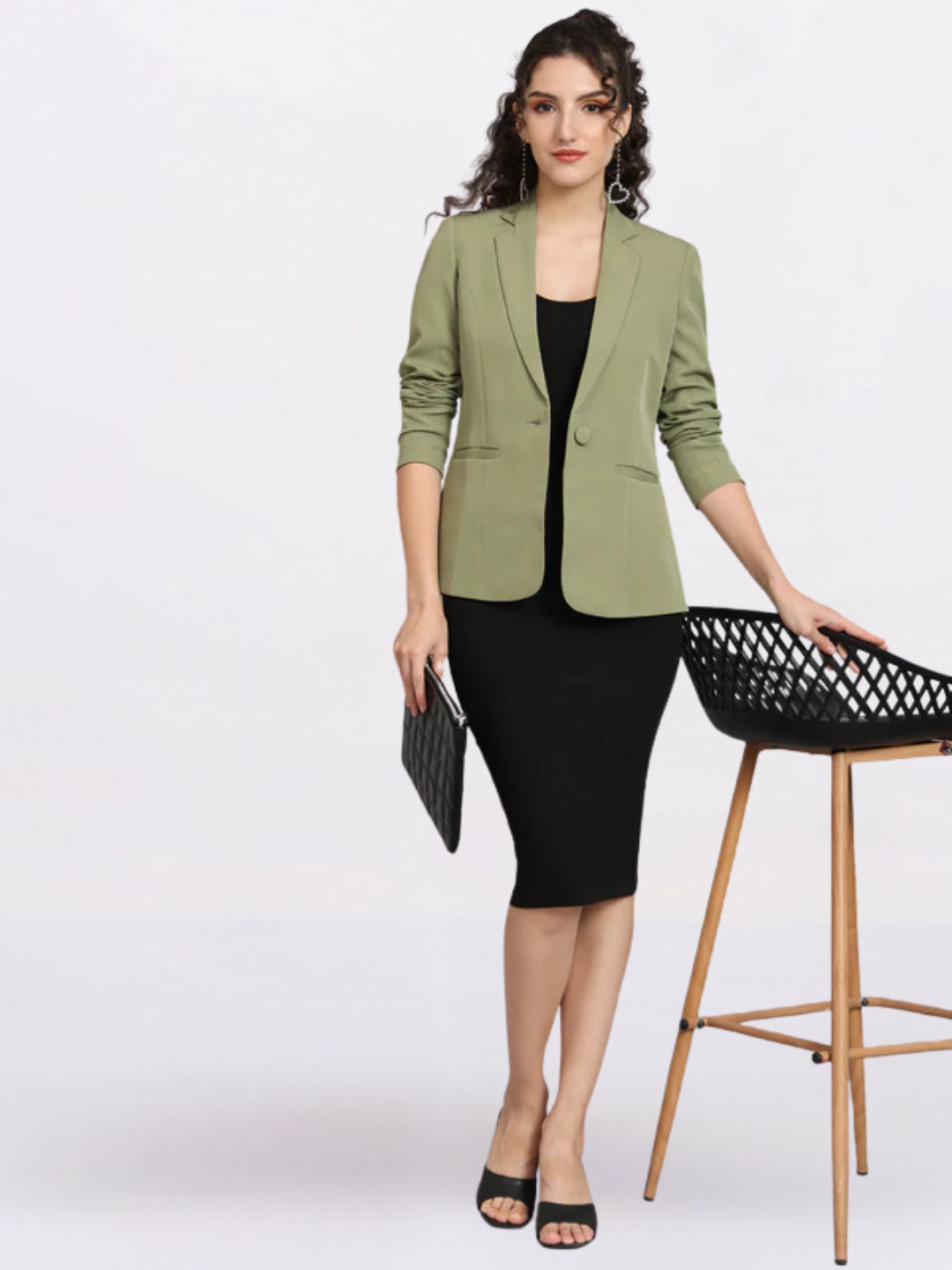 Women Notched Lapel Collar Single Breasted Formal Blazer