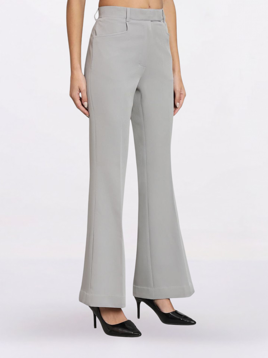 Women Grey Flared Mid-Rise Bell Bottom Stretch Trouser