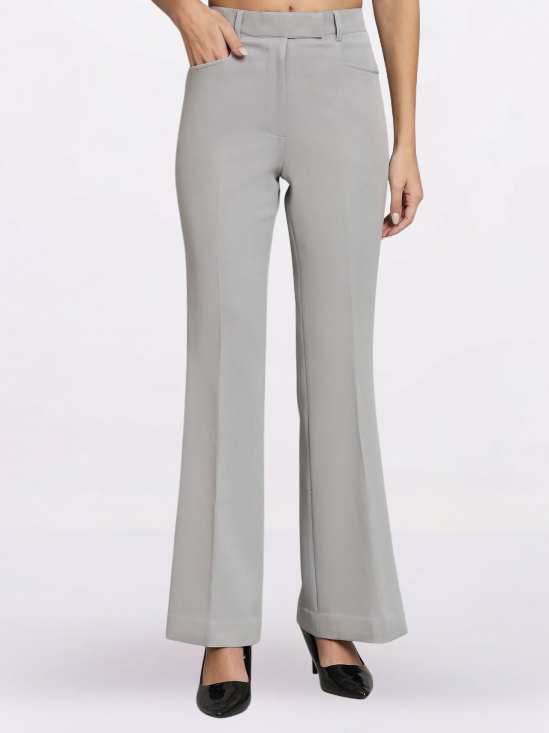 Women Grey Flared Mid-Rise Bell Bottom Stretch Trouser
