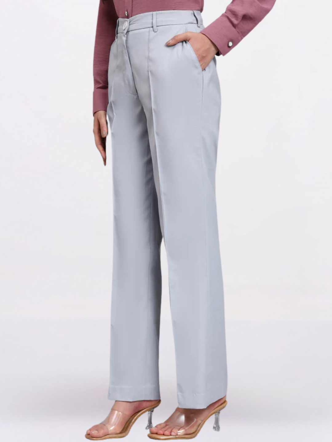 Women Silver Dust Grey Stretch Mid-Rise Trousers