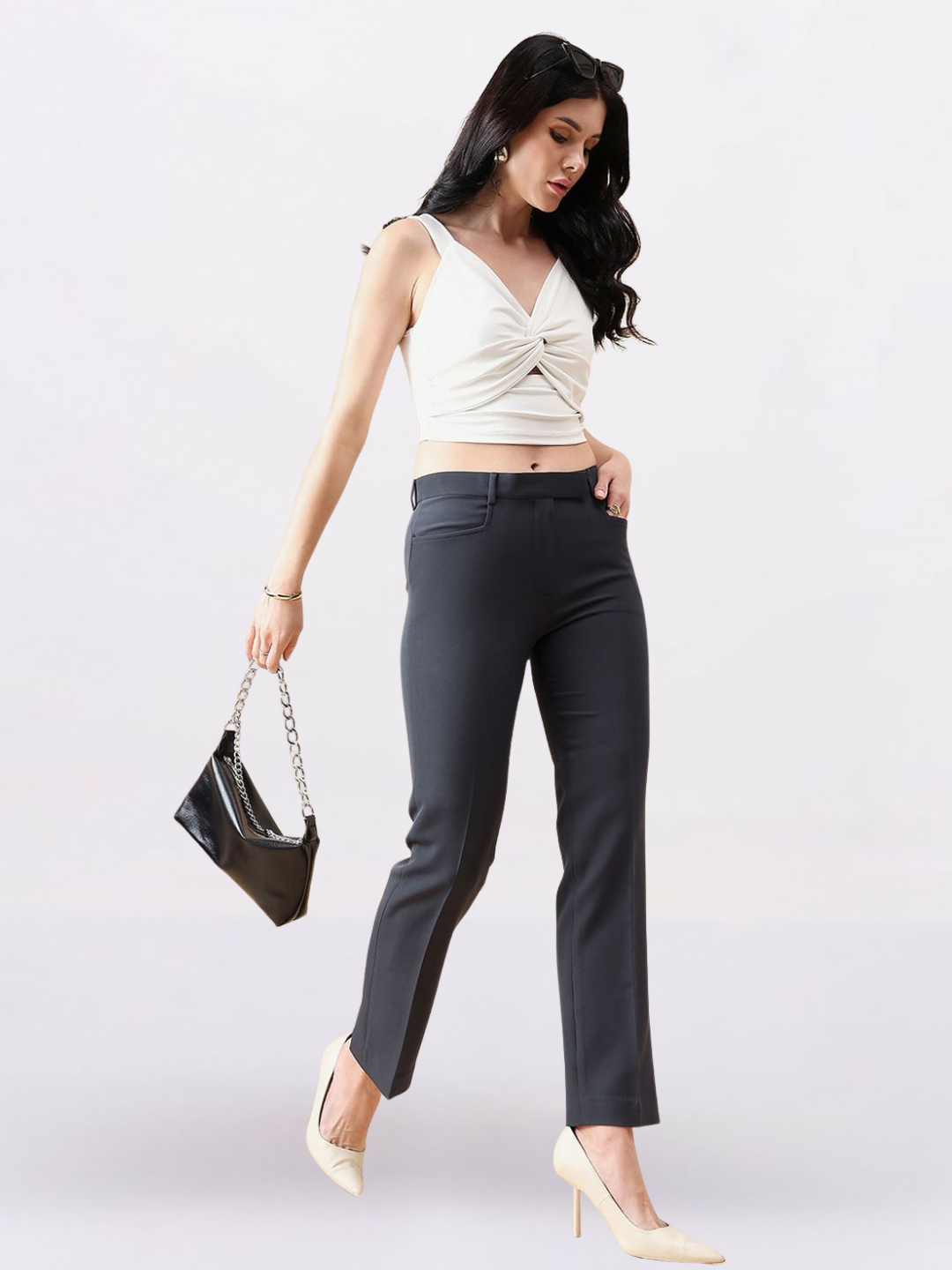 Women Dark Grey Comfort Fit Mid Waist Stretch Pants