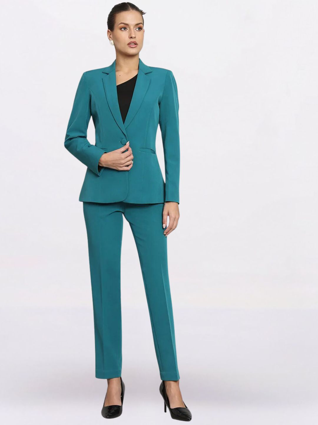 Women Teal Green Single-Breasted Formal Powersuit
