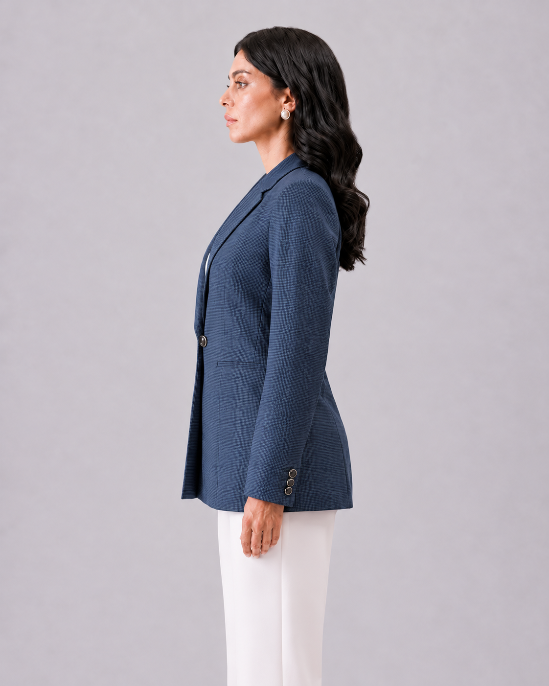 Women Navy Blue Checked Single Breasted Formal Blazer