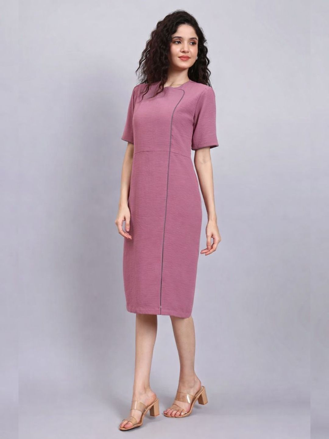 Structured Pink Crush Satin  Dress with Grey Contrast Piping