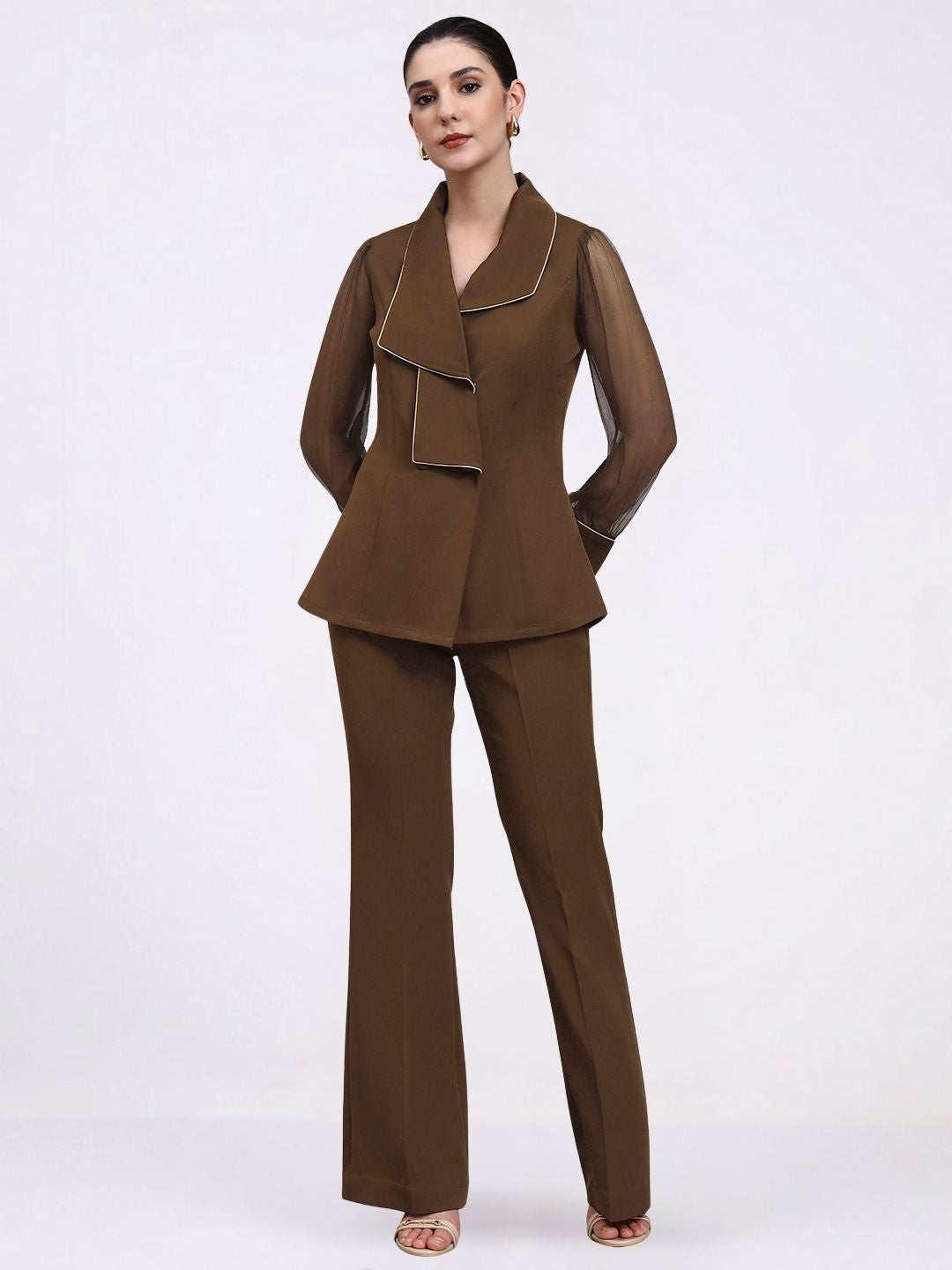 Women Brown Stretch Collared Co-Ord Set