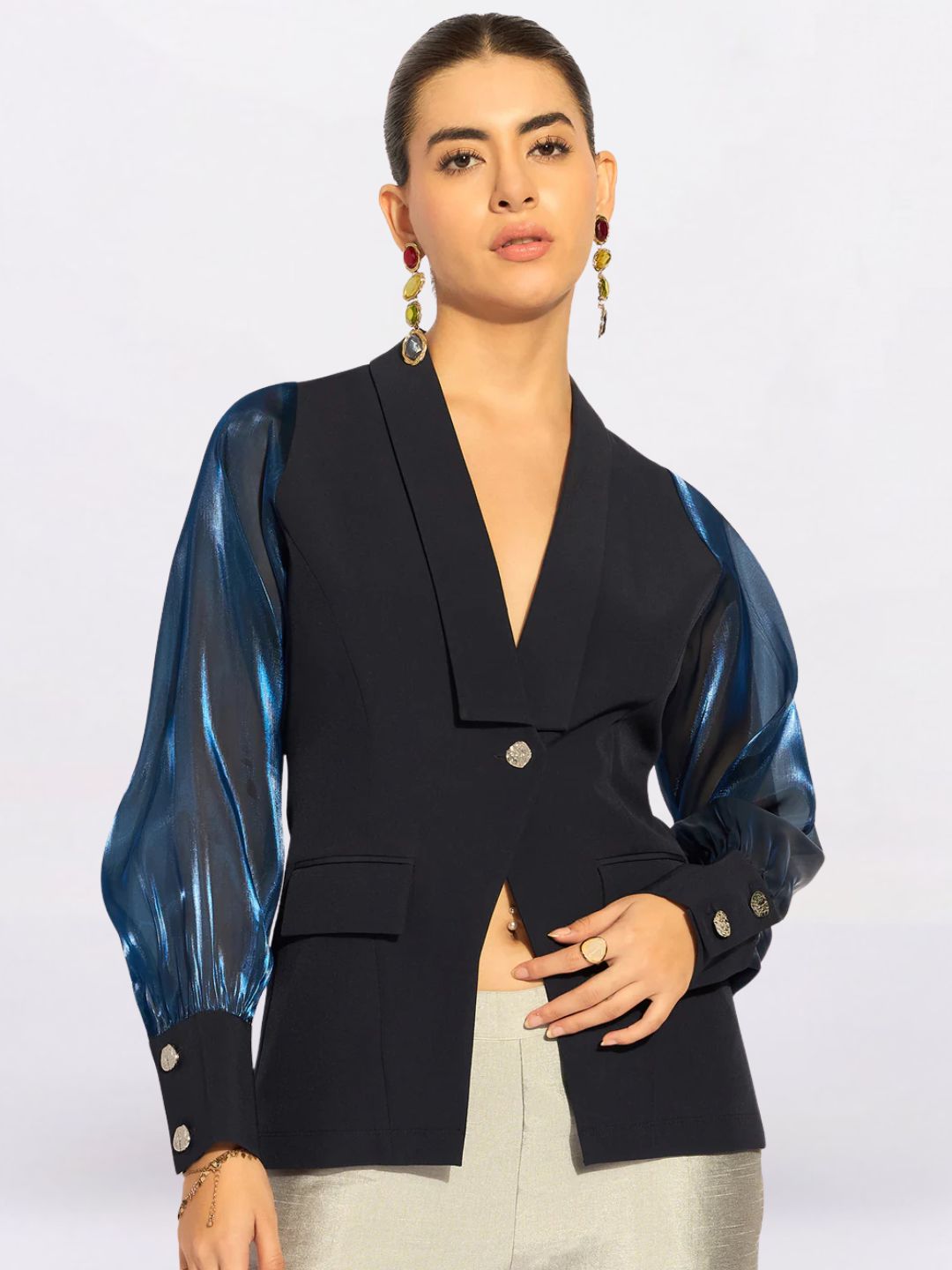 Women Blue Lapel Collar Long Sleeves Shirt Style Top