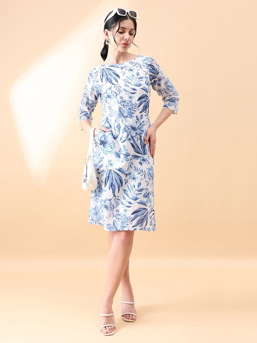 A-Line cotton floral printed dress- BLUE & WHITE