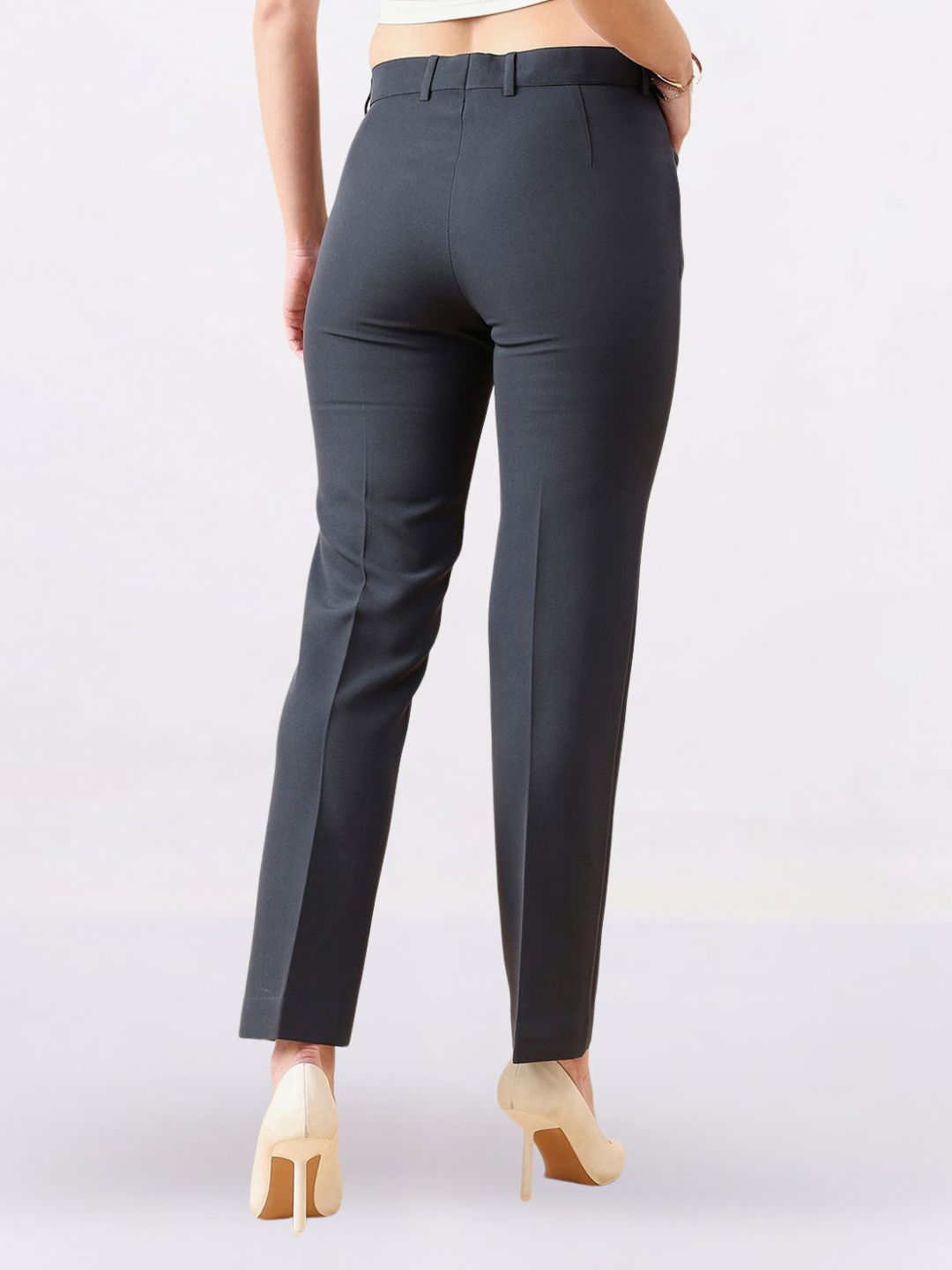 Women Dark Grey Comfort Fit Mid Waist Stretch Pants