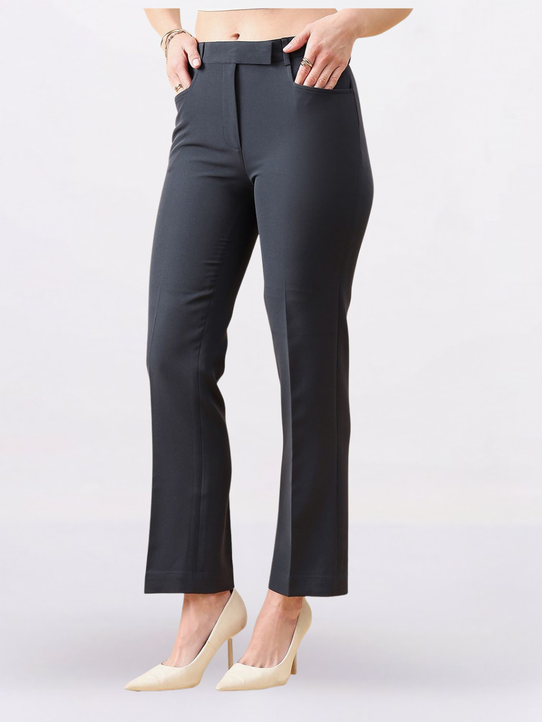 Women Dark Grey Comfort Fit Mid Waist Stretch Pants