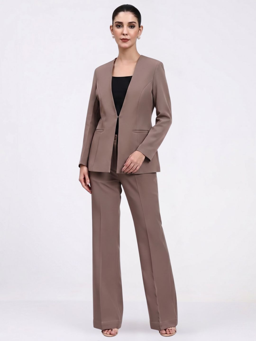 Women Beige-Brown Powersuit paired with black square-neck camisole