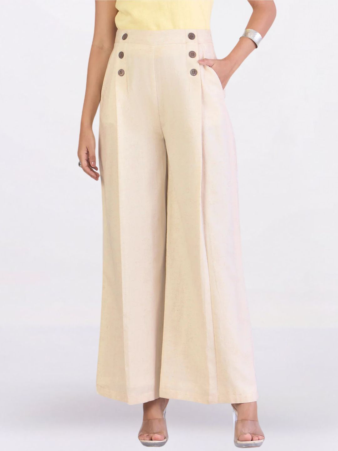 Women Off White Textured Comfort Loose Fit High-Rise Easy Wash Pleated Wide Leg Trousers