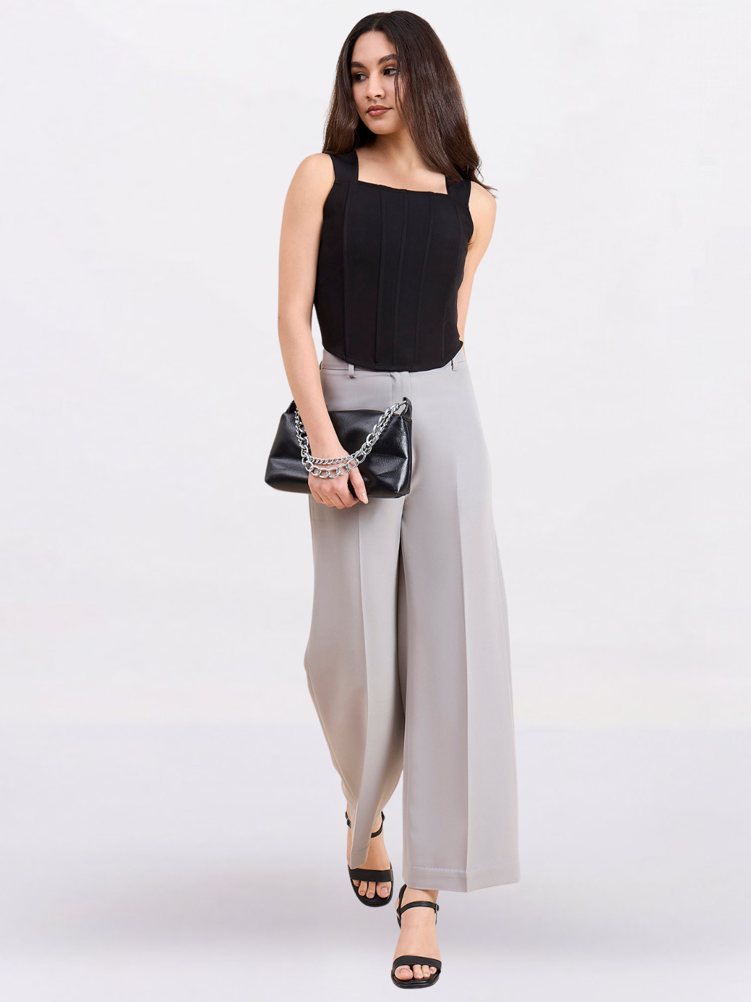 Women Solid Black Square Neck Corset Crop Top