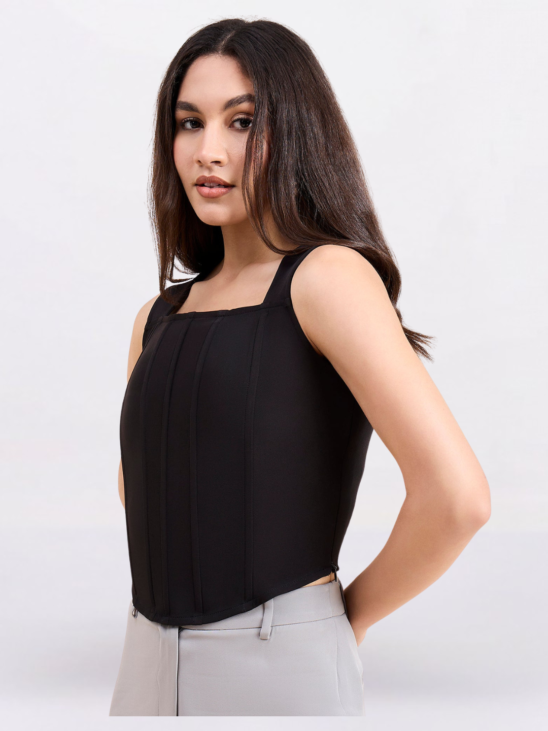 Women Solid Black Square Neck Corset Crop Top