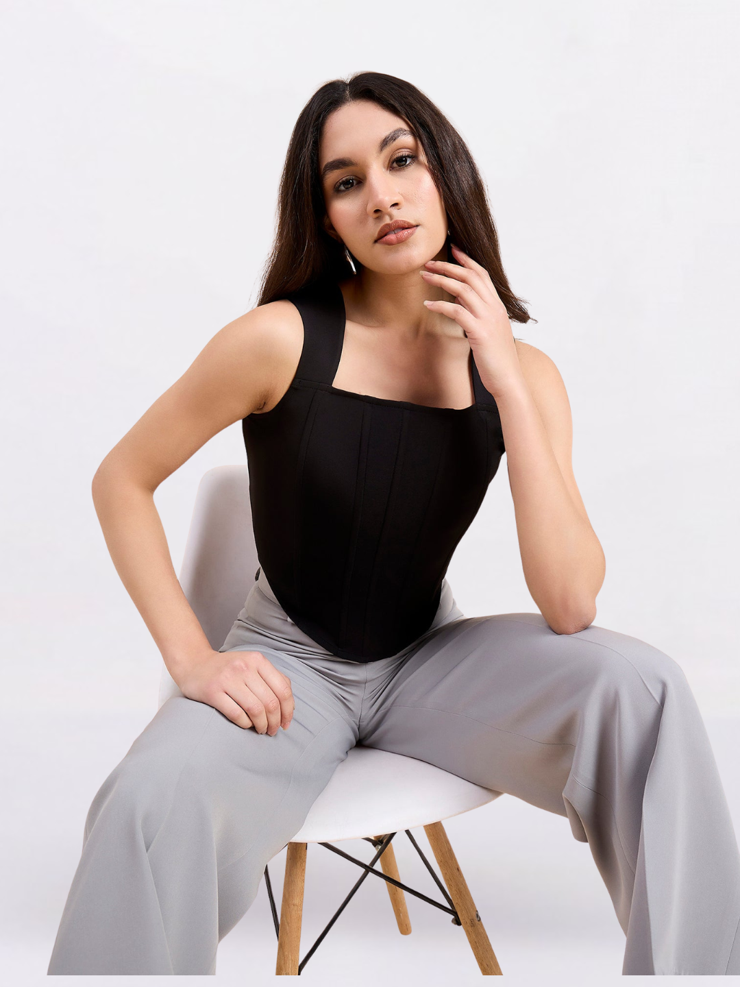 Women Solid Black Square Neck Corset Crop Top