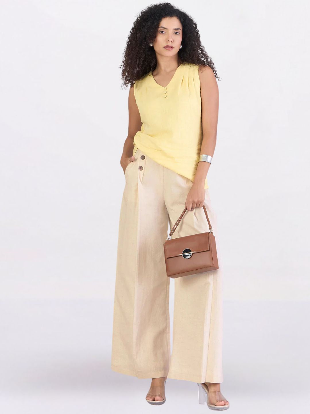 Women Off White Textured Comfort Loose Fit High-Rise Easy Wash Pleated Wide Leg Trousers