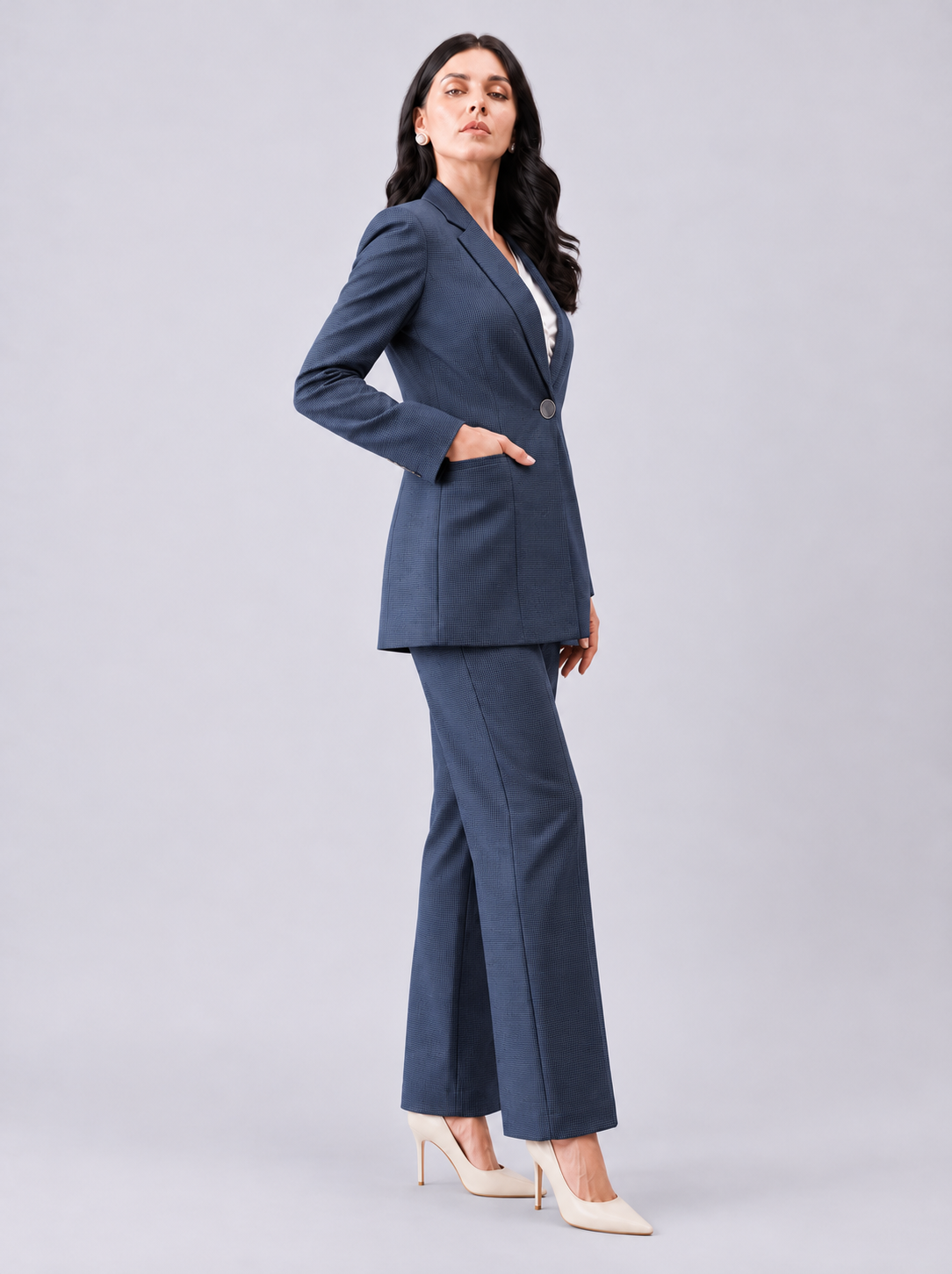 Women Navy Blue Checked Single Breasted Formal Pantsuit