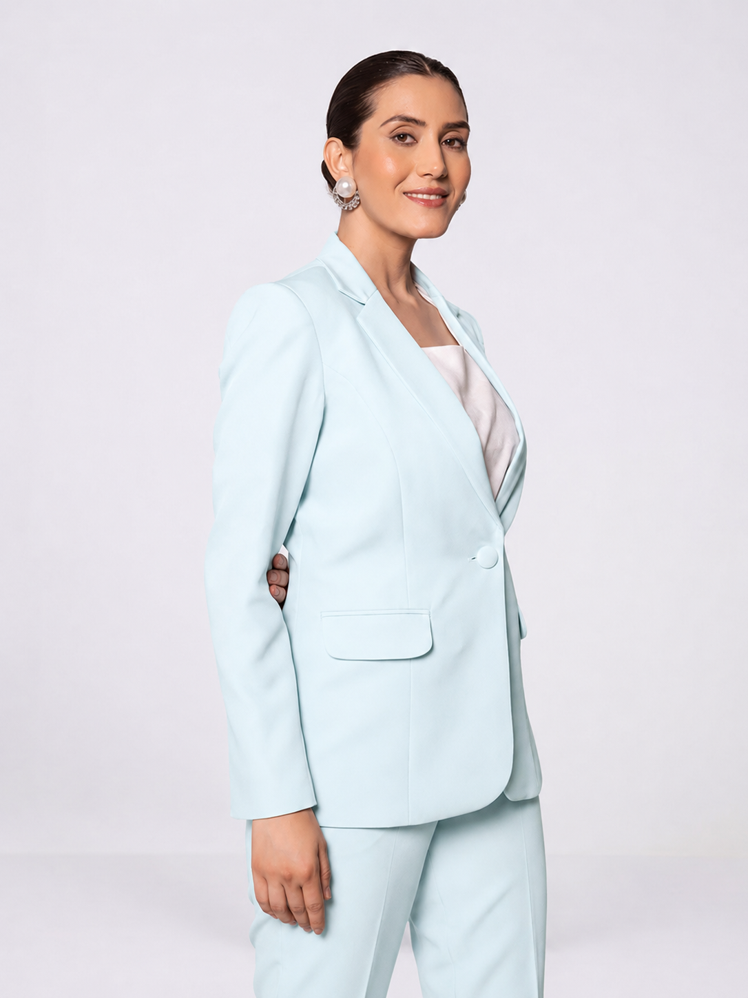 Women Blue Single Breasted Stretch Pant Suit