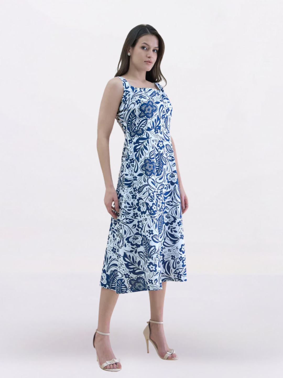 Women Blue-White floral print midi dress