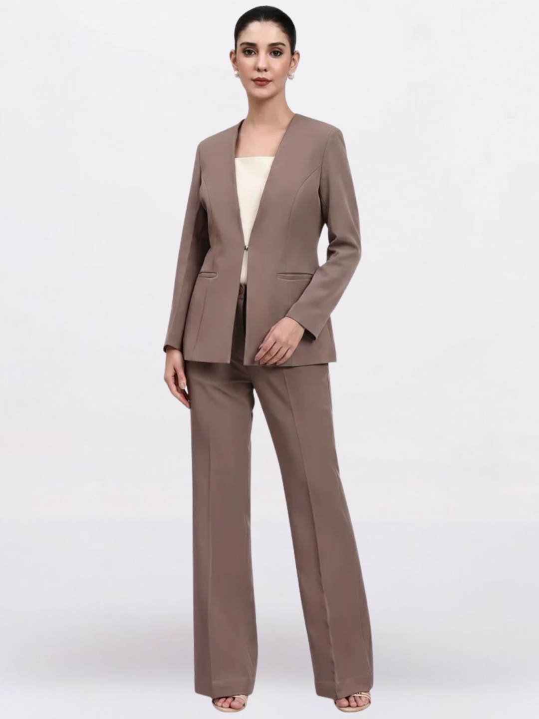 Women Beige-Brown Lapel Less Formal Powersuit