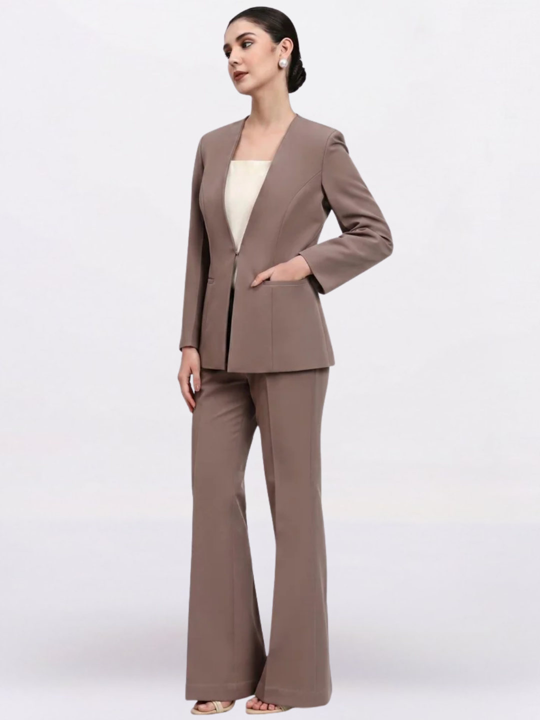 Women Beige-Brown Lapel Less Formal Powersuit