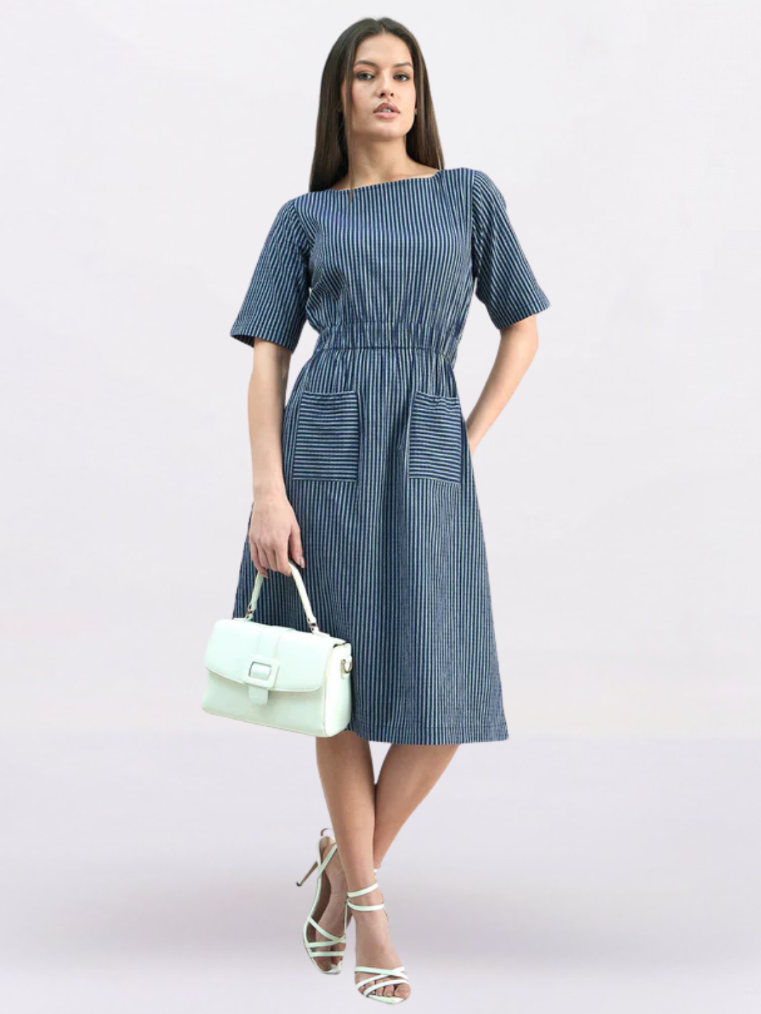 Women Blue Striped Cotton A-Line Stretch Dress