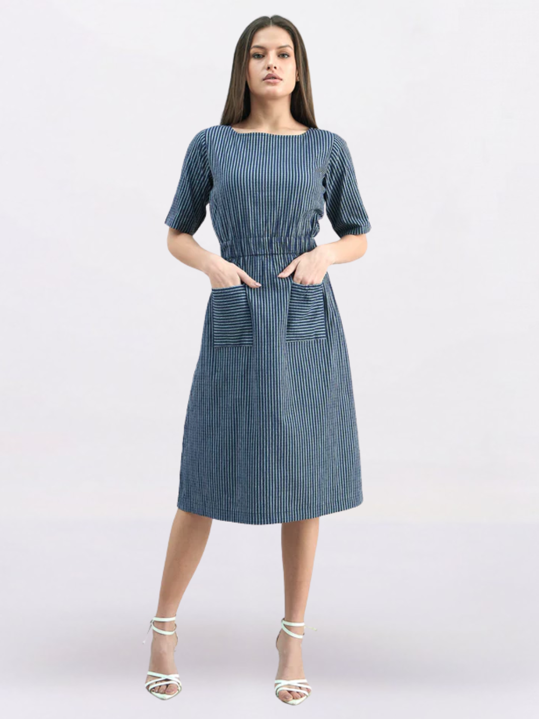 Women Blue Striped Cotton A-Line Stretch Dress