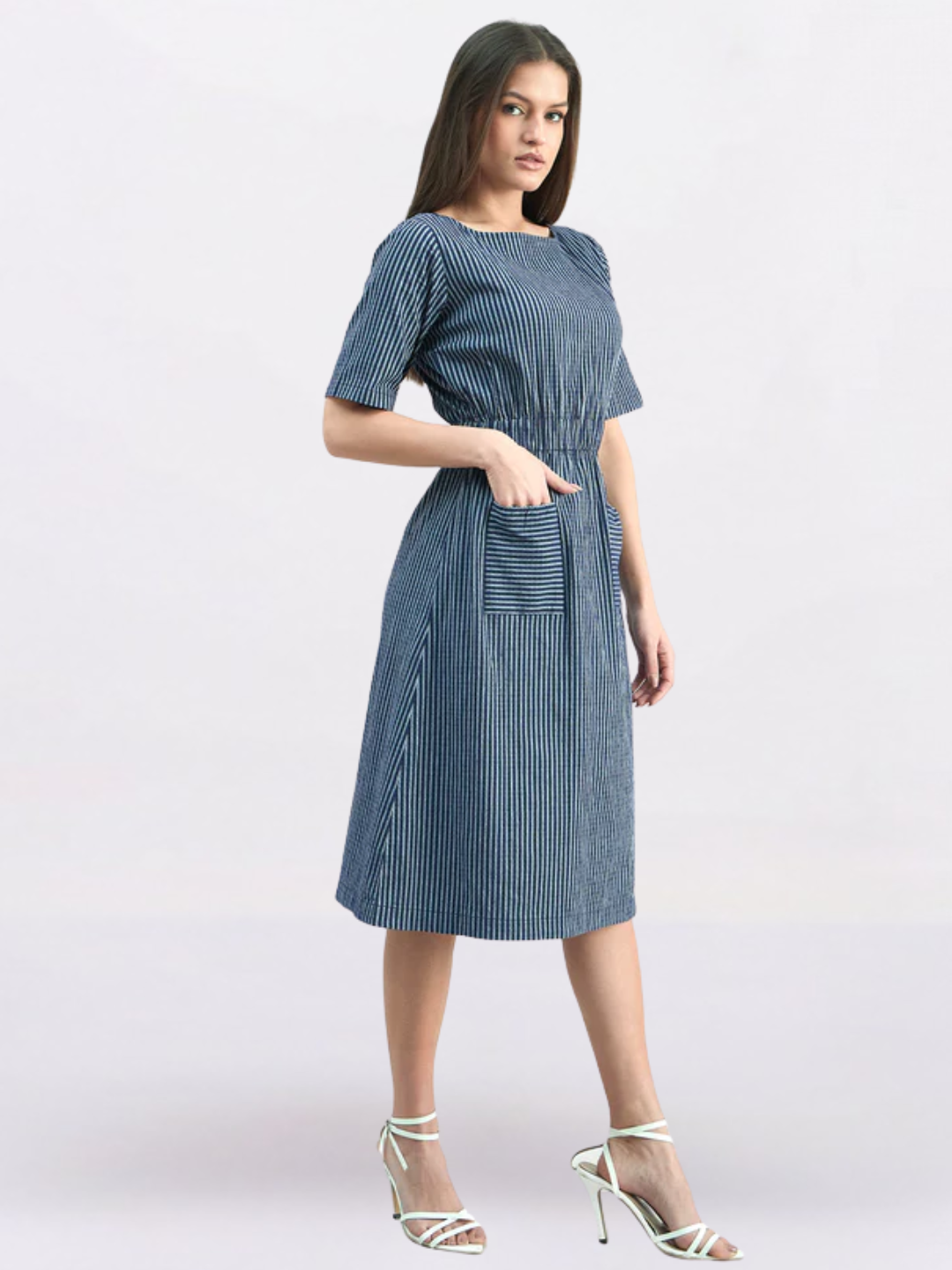 Women Blue Striped Cotton A-Line Stretch Dress
