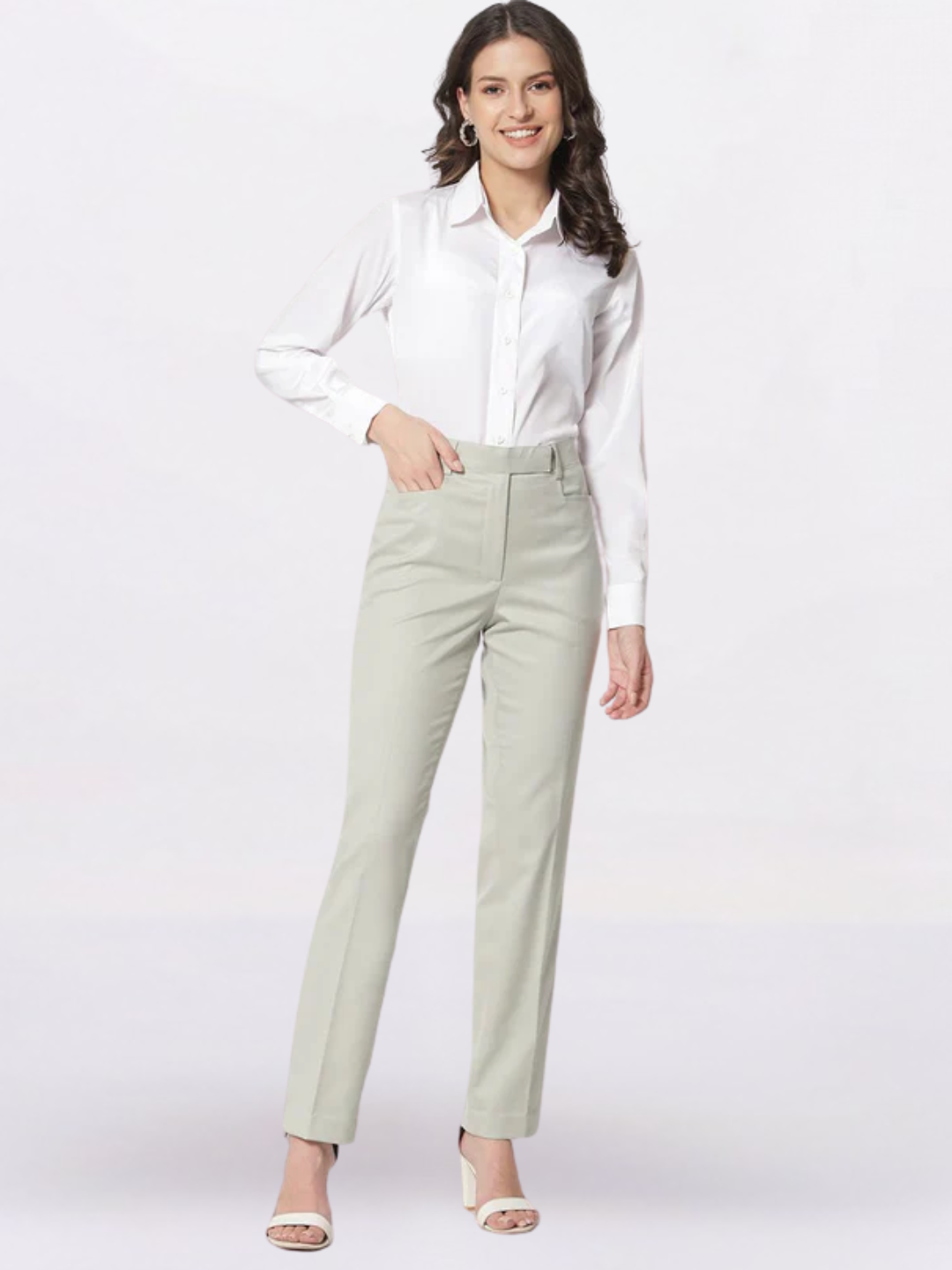 Women Sage Green Mid-Rise Formal Trousers