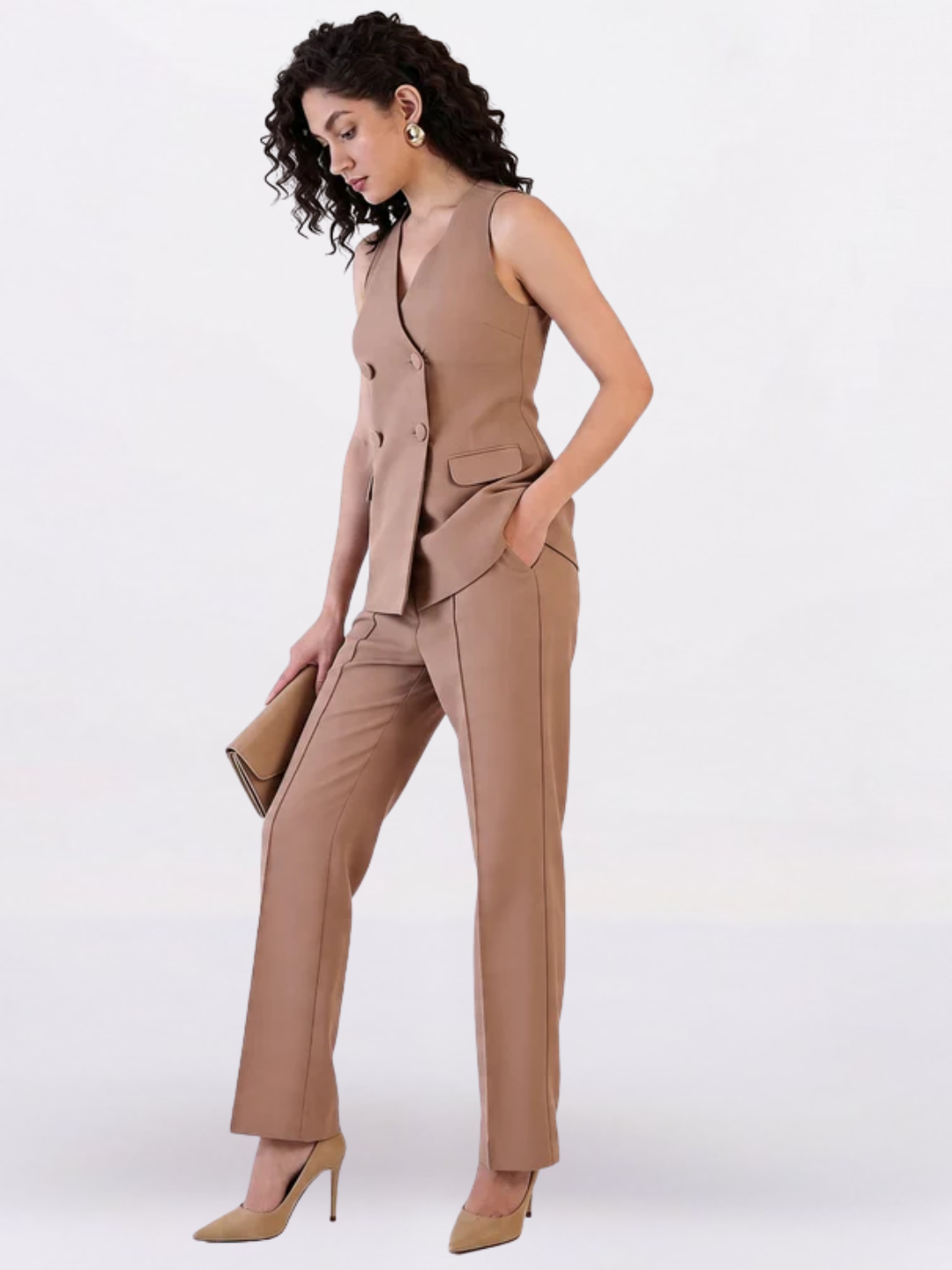 Women V-Neck Sleeveless Top With Trousers Co-ord set