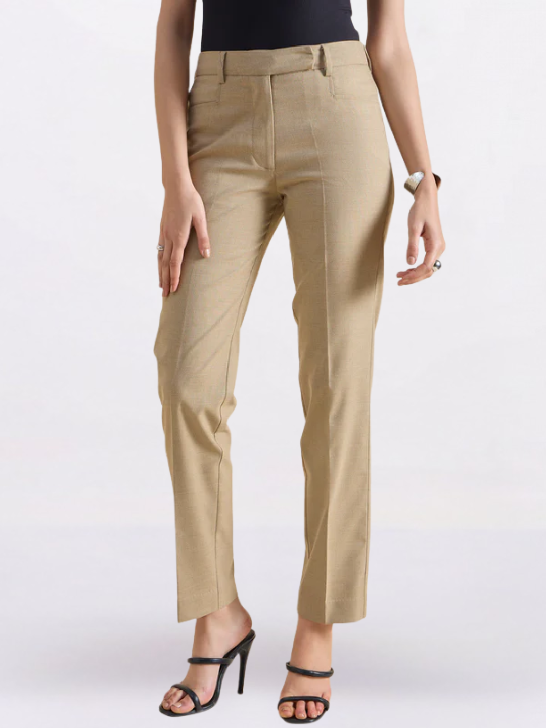 Women Beige Regular Fit Mid Waist Trouser