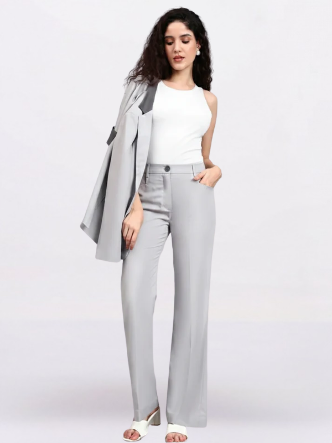 Women Light Grey Mid-Rise Bootcut Trousers