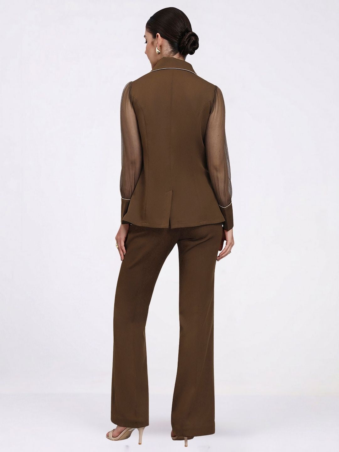 Women Brown Stretch Collared Co-Ord Set