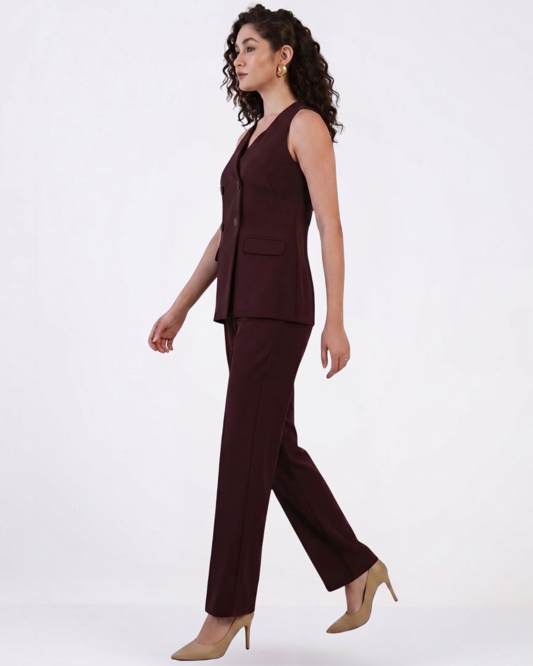 Women Wine Double Breasted Co-ord Set