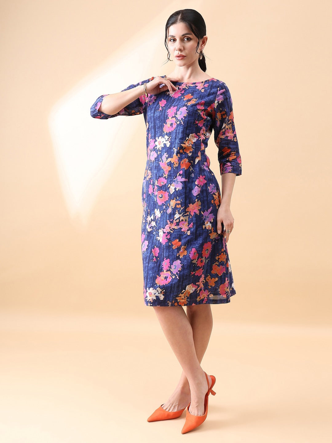 A-Line cotton floral printed dress- NAVY & ORANGE