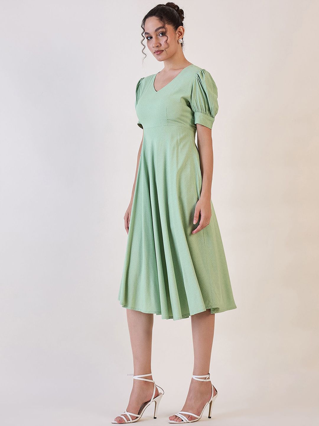 Olive Dotted Fit & Flare Dress