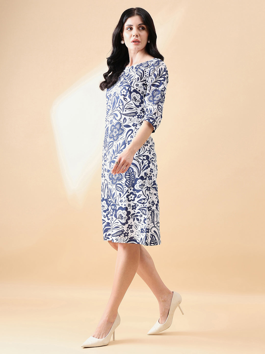 A-Line cotton floral printed dress- NAVY & WHITE
