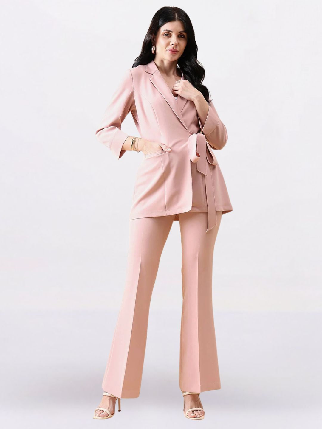 Women Pink Front Knot Single-Breasted Powersuit