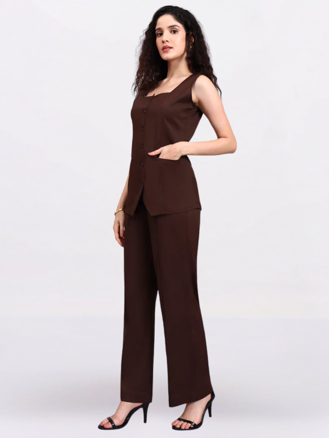 Women Brown Sleeveless Co-Ord Set