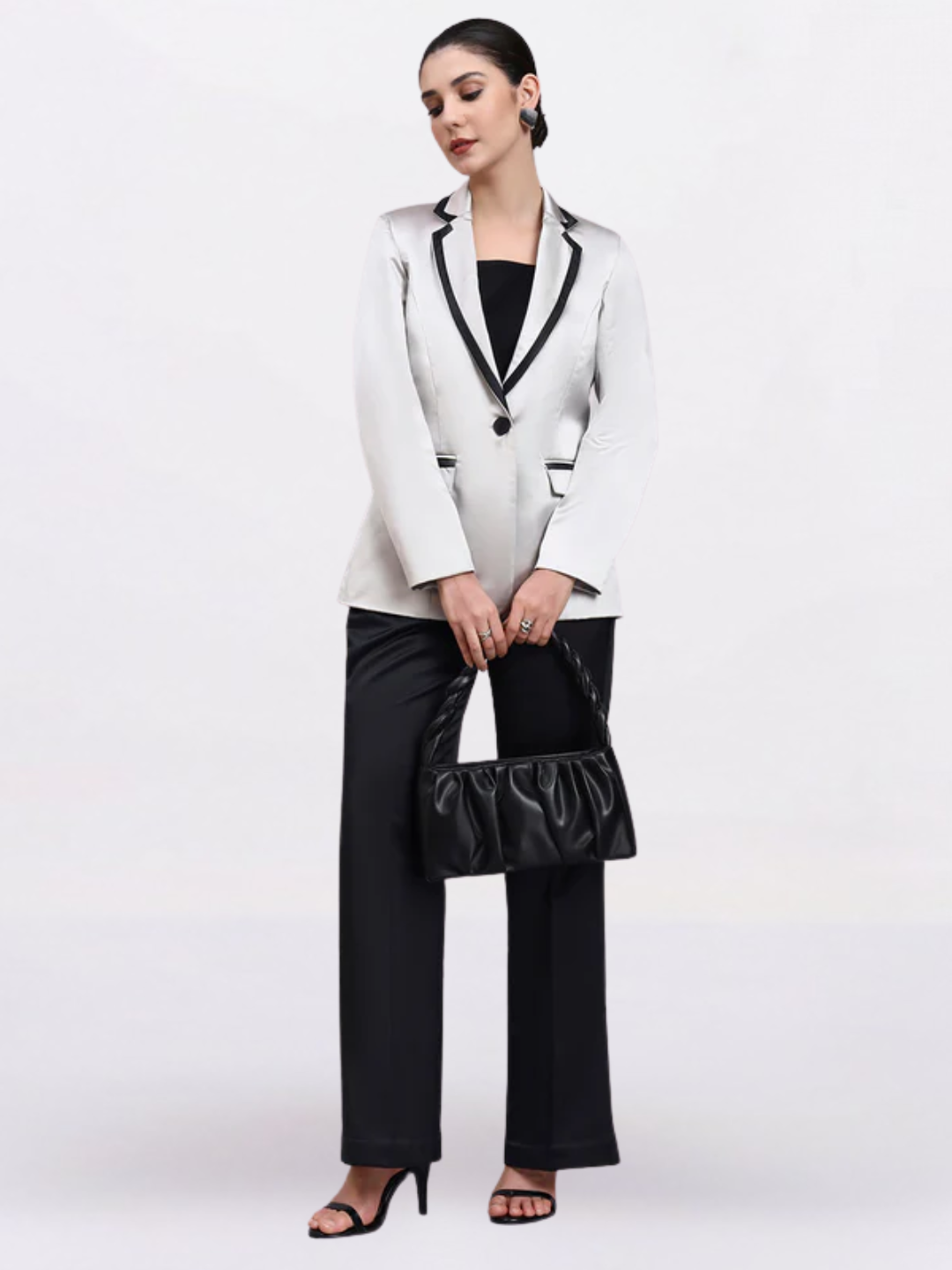Women Silver Satin Single Breasted Formal Pantsuit