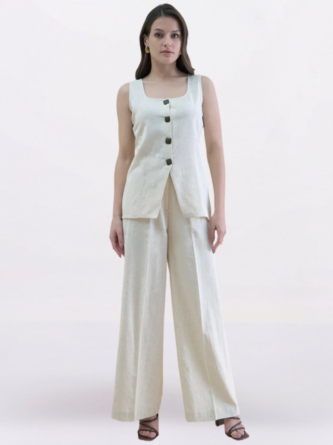 Women Beige Linen Blend Straight Fit Trouser