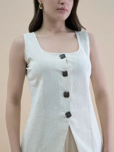 Women Beige U-Neck Linen Blend Tailored Waistcoat with Straight Fit Co-Ord set