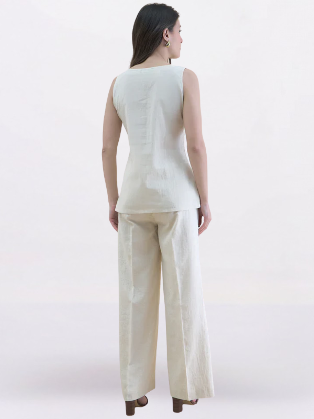 Women Beige U-Neck Linen Blend Tailored Waistcoat with Straight Fit Co-Ord set