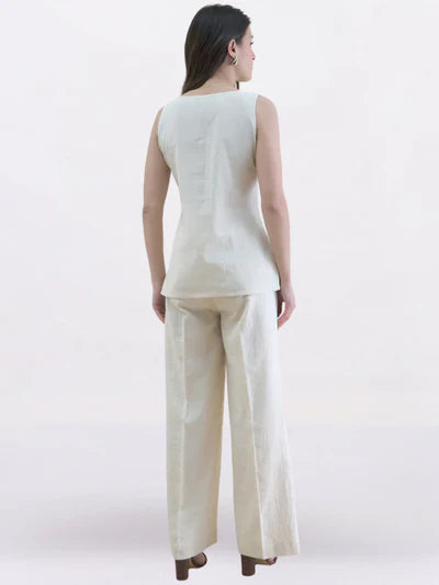 Women Beige U-Neck Linen Blend Tailored Waistcoat with Straight Fit Co-Ord set