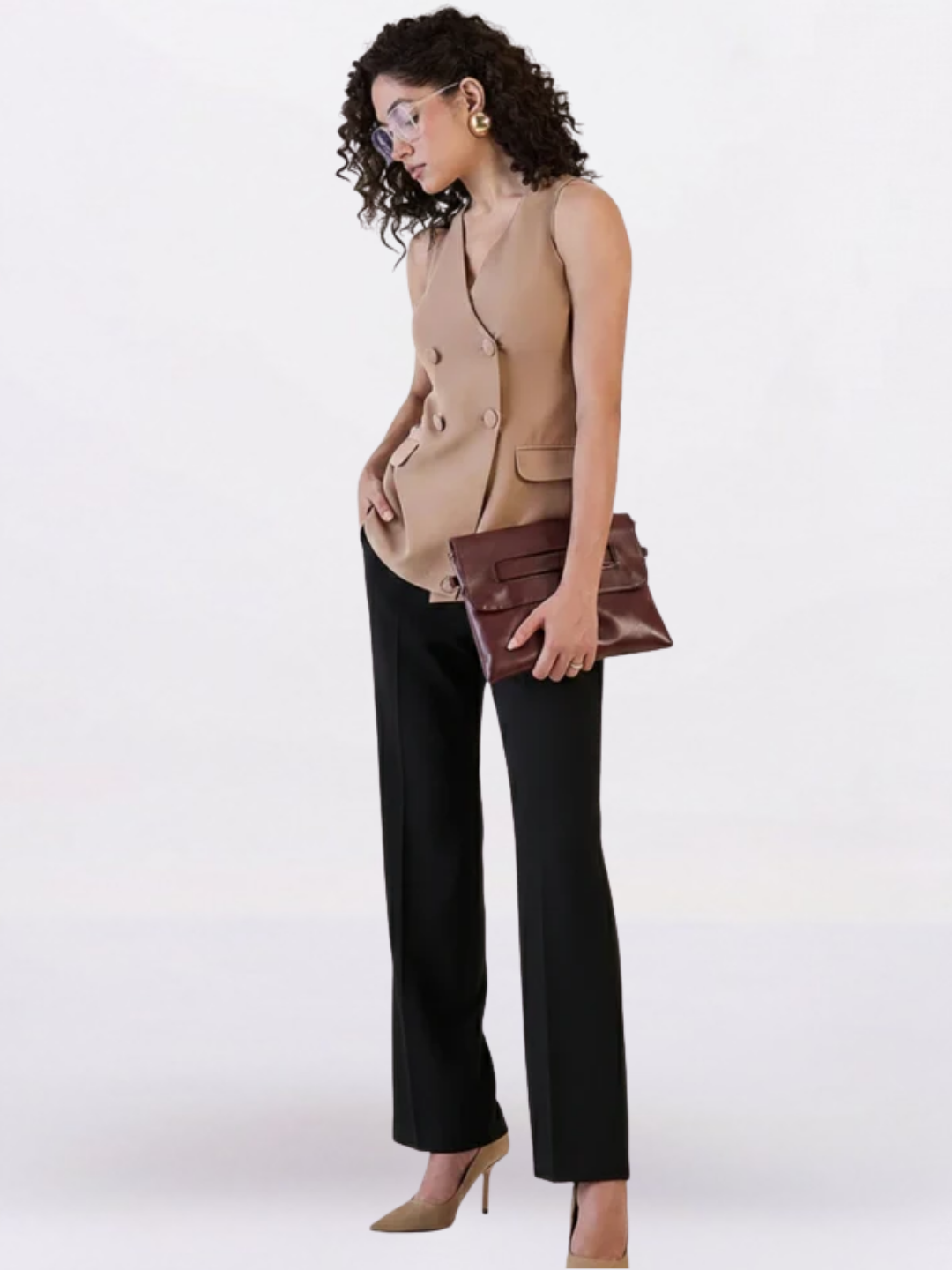 Women Brown V-Neck Sleeveless Stretch Top