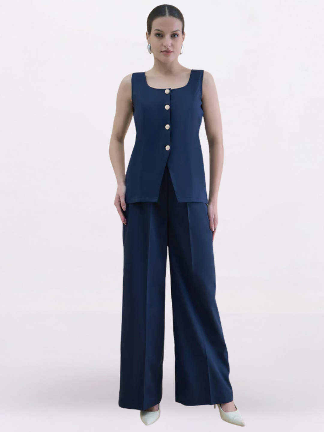Women U-Neck Straight Fit Waistcoat And Trouser