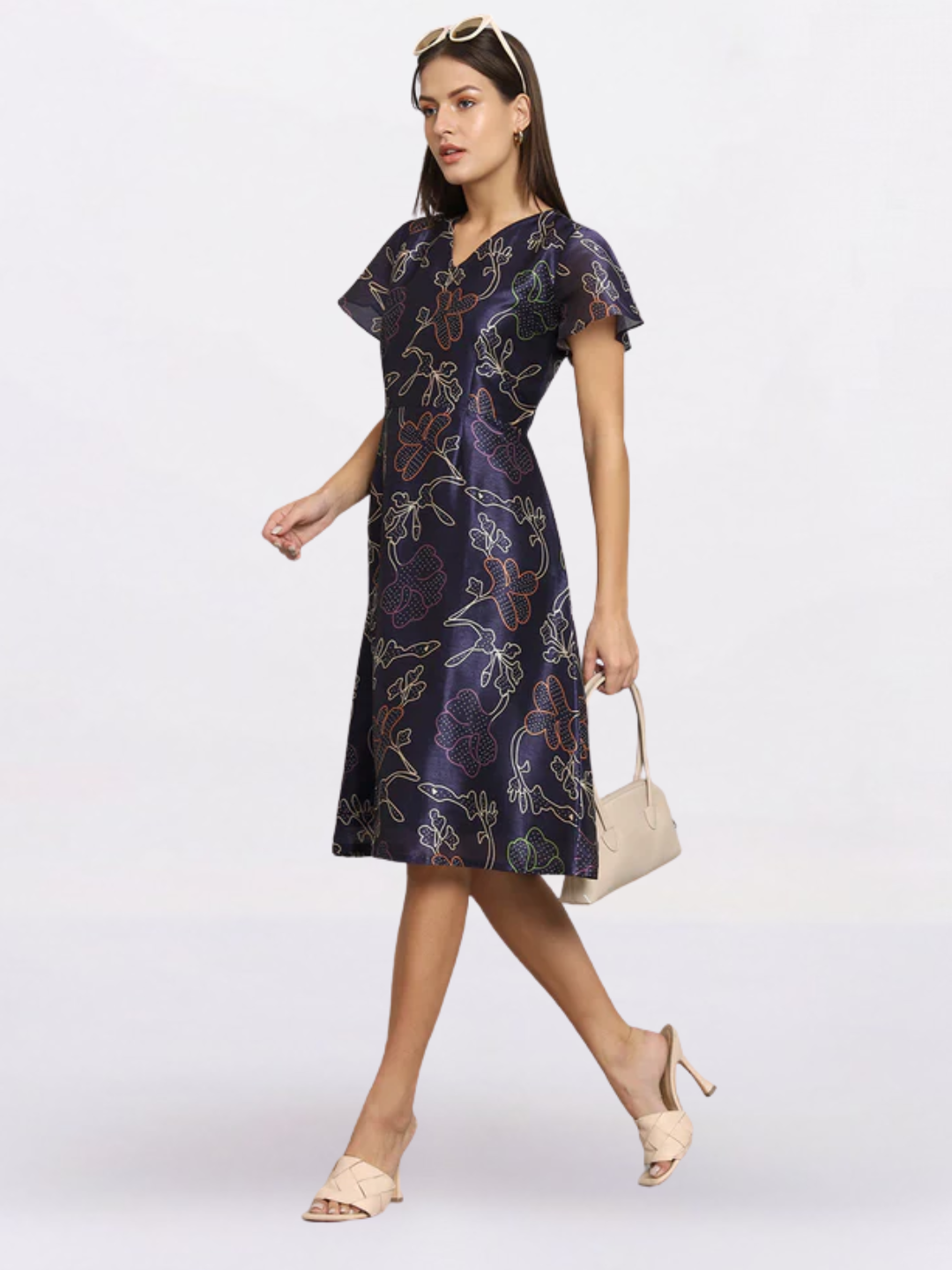 Women Blue Floral Printed Silk Fit & Flare Dress