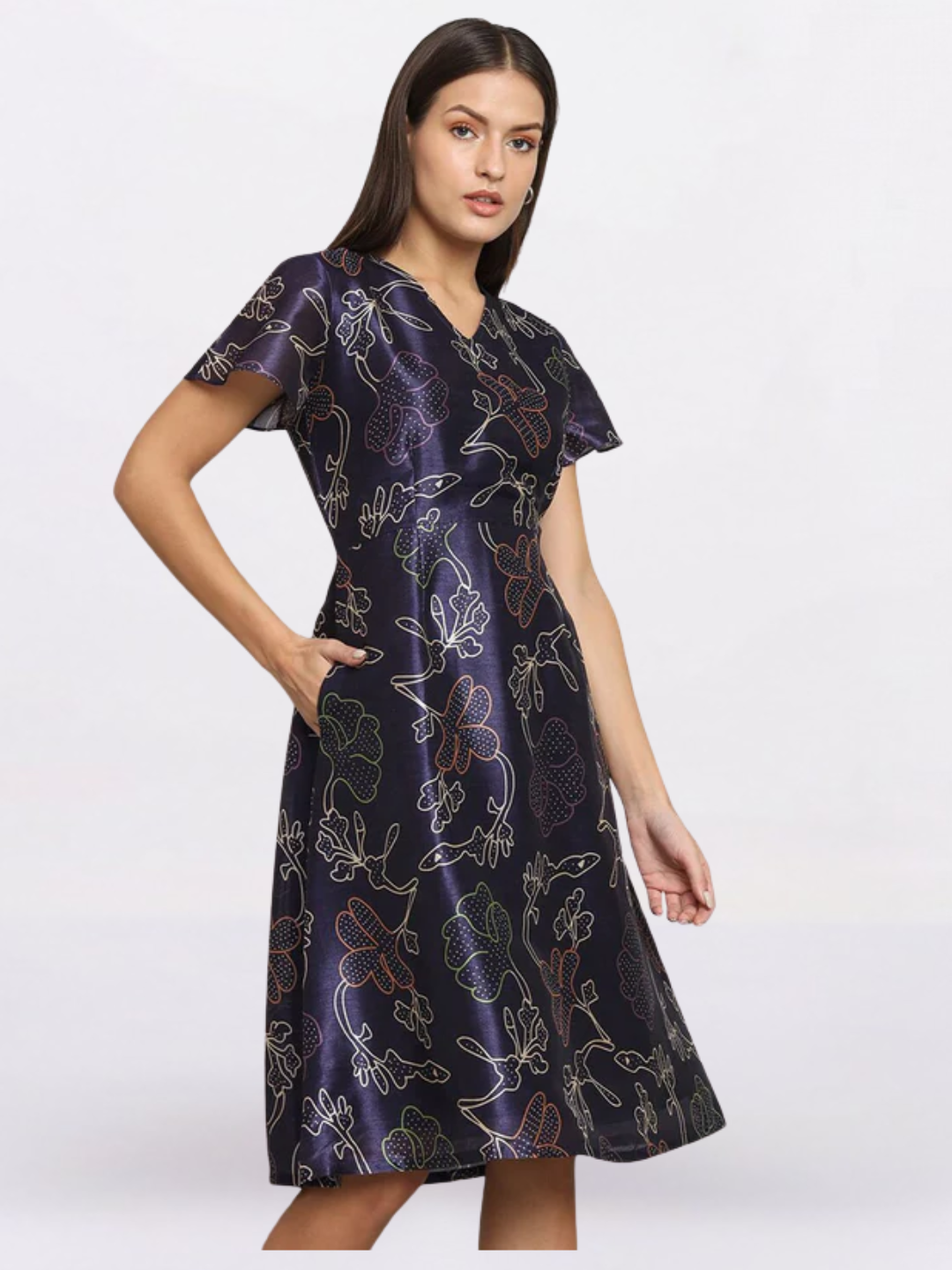 Women Blue Floral Printed Silk Fit & Flare Dress