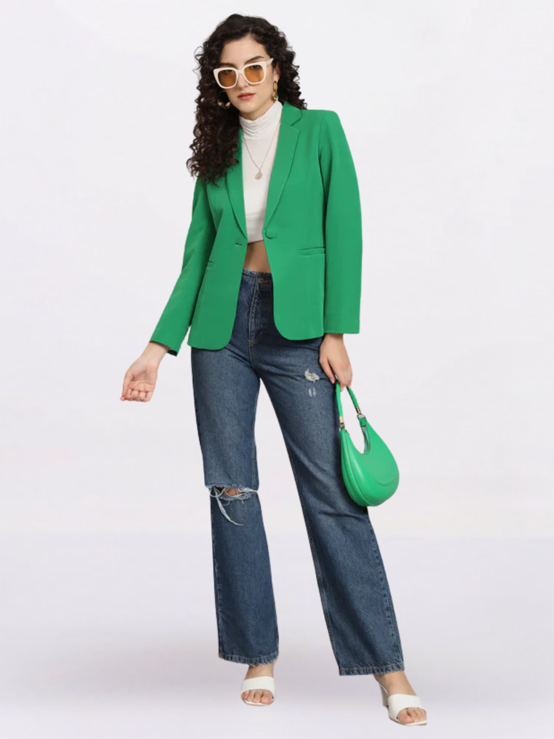Women Green Notched Lapel Formal Blazer