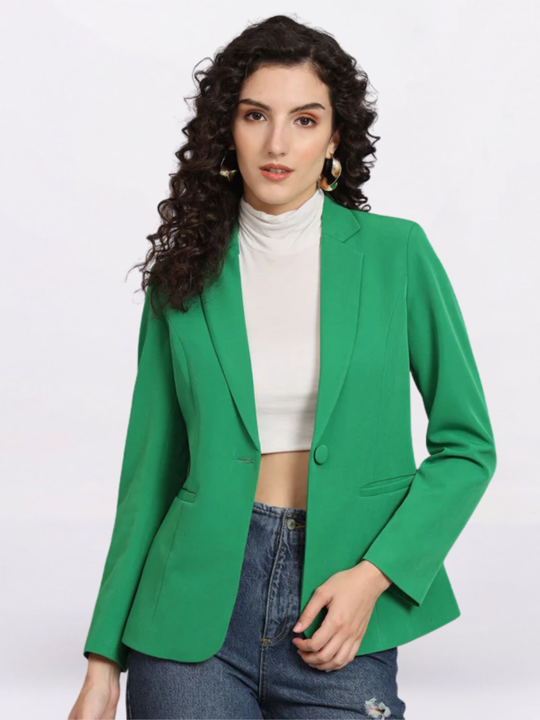 Women Green Notched Lapel Formal Blazer